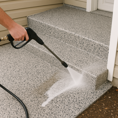 alt=“Canadian outdoor concrete coating being pressure washed in spring”