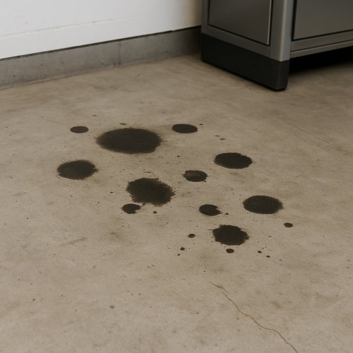 garage floor covered in oil stain alt="multiple oil stain on garage floor"